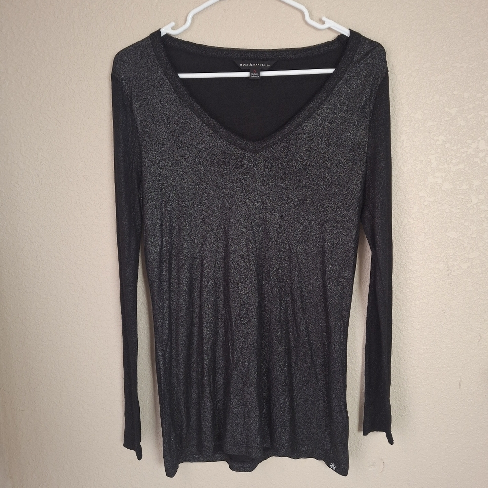 Rock & Republic Black Metallic V-Neck Long Sleeve Top Small